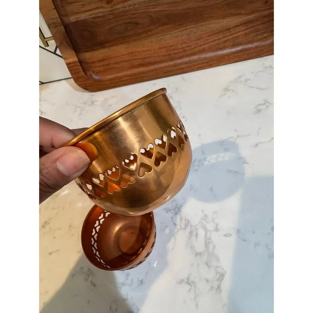 Pair of polished copper-heart cutout border 90s tea light candle holders Vintage